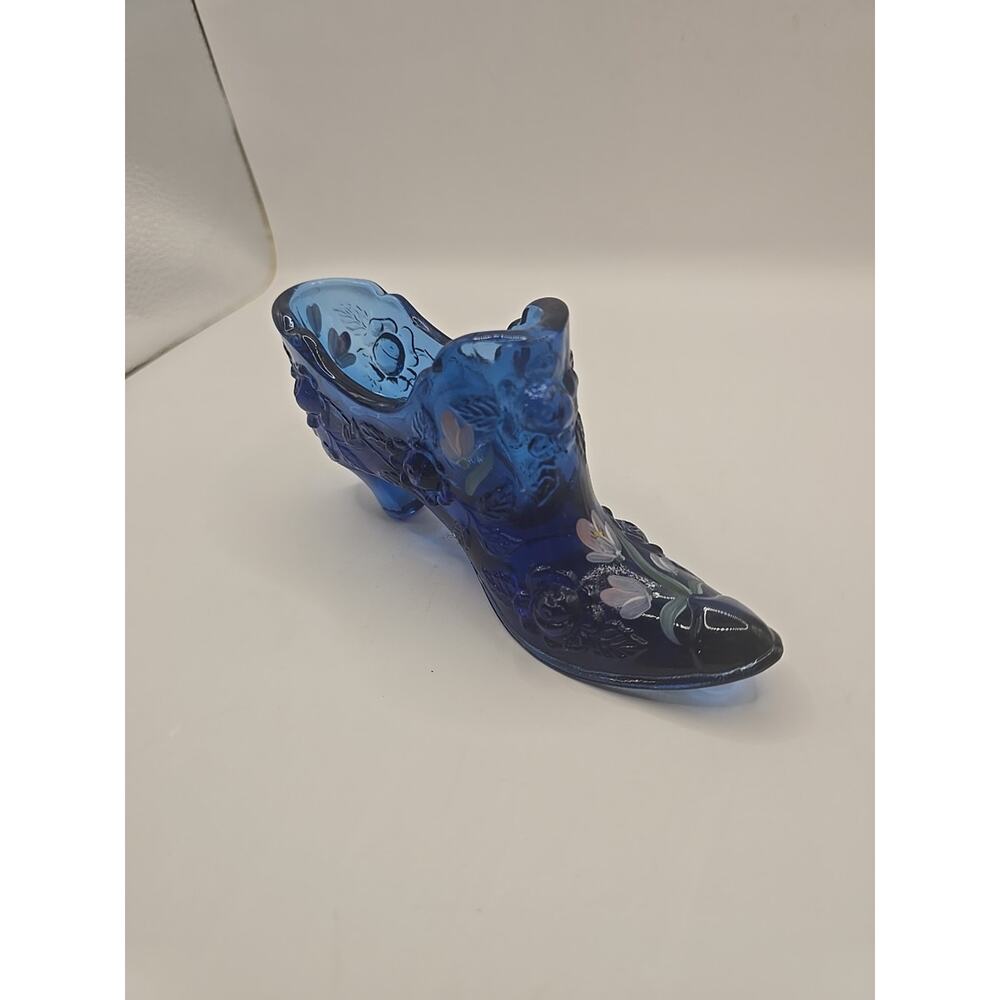 Fenton‎ Cobalt Blue Glass Shoe Hand Painted Artist Signed